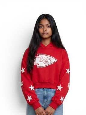 The Wild Collective Kansas City Chiefs Cropped Hoodie Large Red Rhinestone Stars